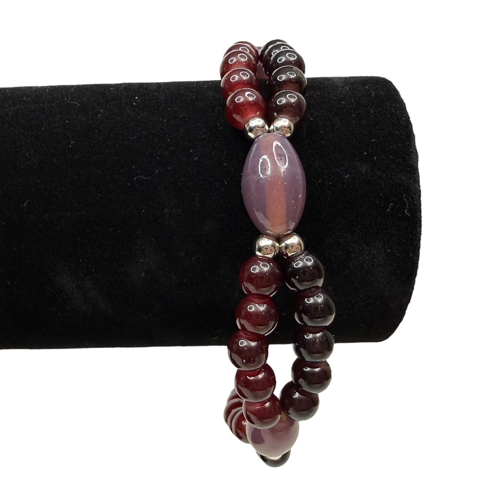 Garnet Glass Double Strand Bead Bracelet Silver Toned Accents Jewelry Wrist Sz 8 18$